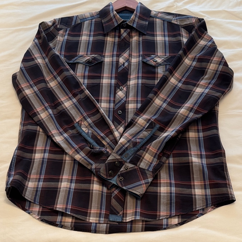 7 Diamonds Men's Plaid Shirt - Navy and Tan